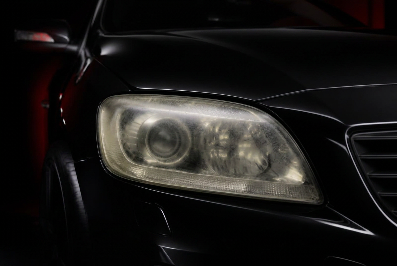Yellowed, oxidised headlight lens on a dark sedan before headlight restoration