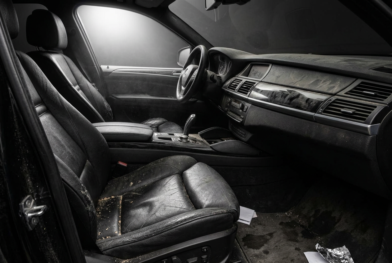 Neglected SUV interior with stained carpets and dusty dashboard before interior restoration