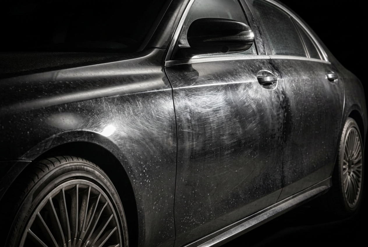 Black sedan door covered in swirl marks and oxidation before paint correction in Bolingbrook