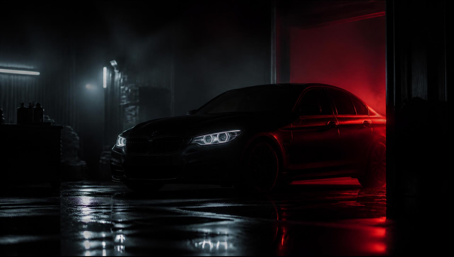 Dark sedan under red rim light inside the Empire Detailing bay at night in Bolingbrook, Illinois