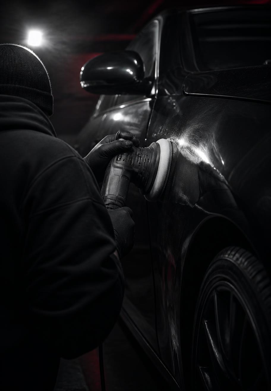 Empire Detailing's owner running a dual-action polisher across a dark car fender under raking shop light