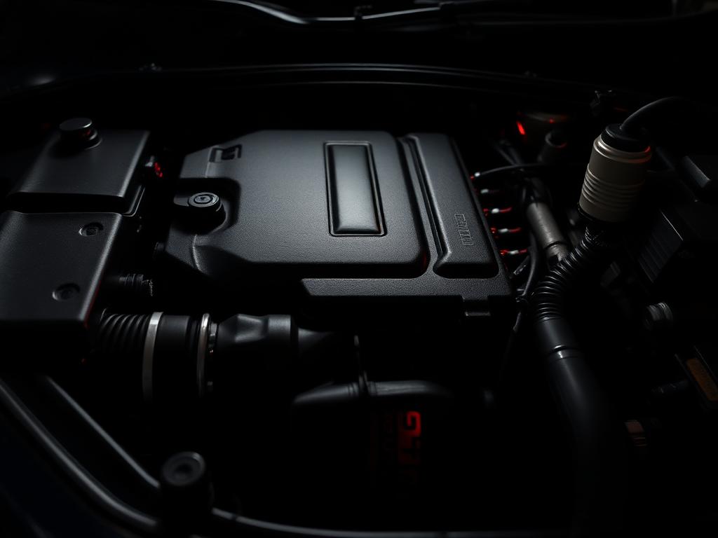 Detailed engine bay of a dark vehicle after specialty add-on cleaning