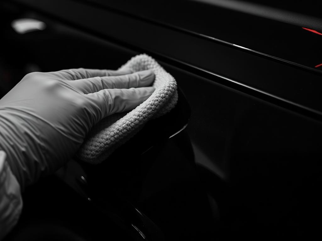 Gloved hand applying sealant with a microfiber applicator to a black fender